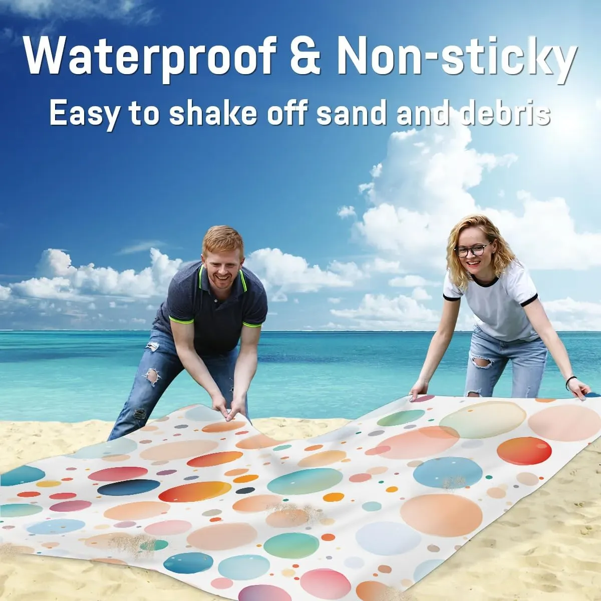 Colorful Dots Beach Blanket, Sandproof Beach Mat, 68 x 59 Waterproof Quick Drying Sand Free Mat with 4 x Ground Spikes for Outdoor Travel Camping Hiking, Dots Theme