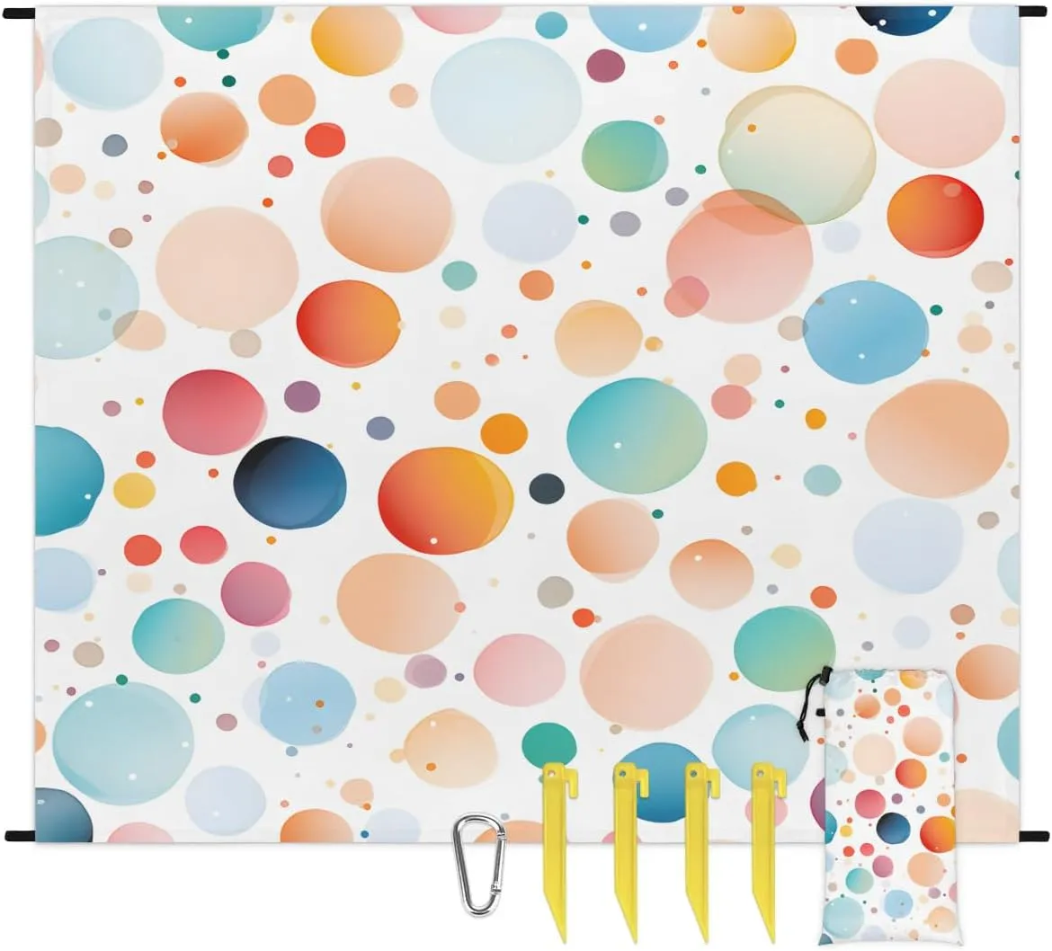 Colorful Dots Beach Blanket, Sandproof Beach Mat, 68 x 59 Waterproof Quick Drying Sand Free Mat with 4 x Ground Spikes for Outdoor Travel Camping Hiking, Dots Theme