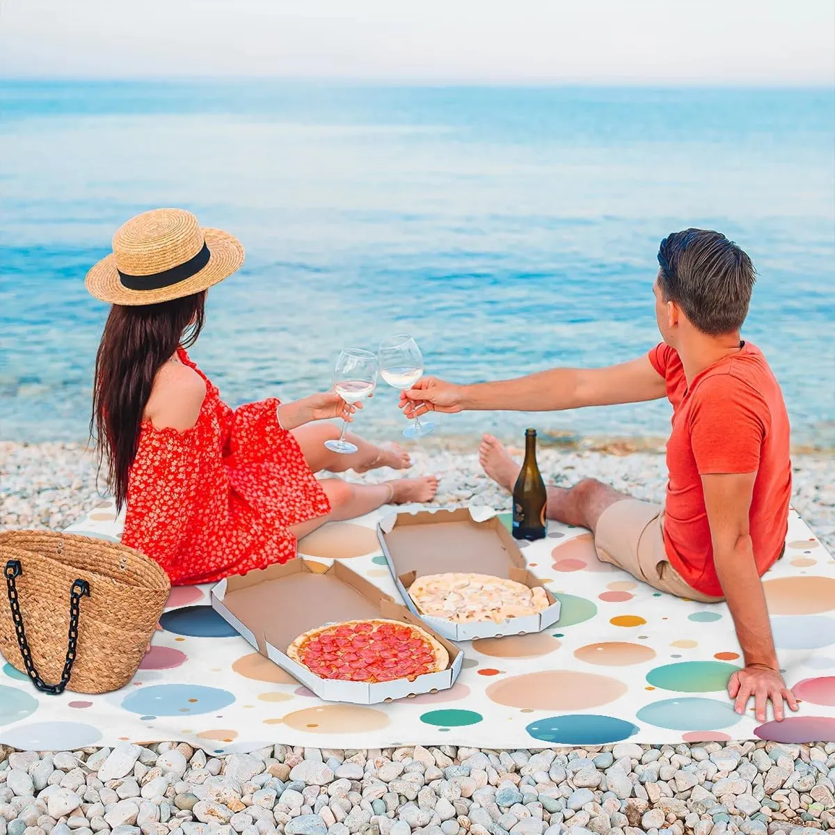 Colorful Dots Beach Blanket, Sandproof Beach Mat, 68 x 59 Waterproof Quick Drying Sand Free Mat with 4 x Ground Spikes for Outdoor Travel Camping Hiking, Dots Theme