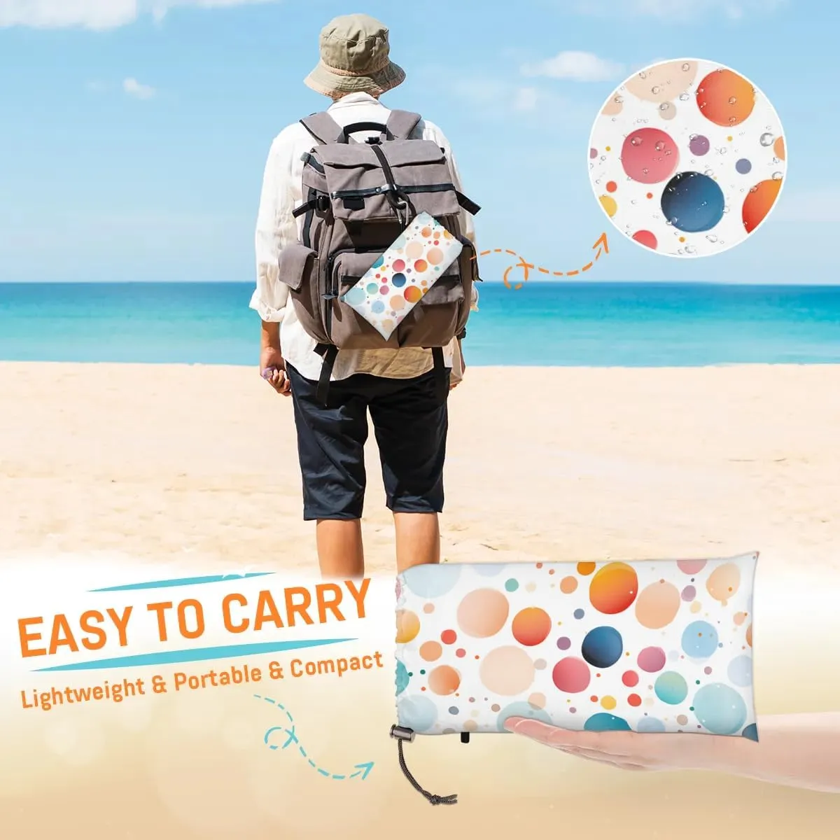 Colorful Dots Beach Blanket, Sandproof Beach Mat, 68 x 59 Waterproof Quick Drying Sand Free Mat with 4 x Ground Spikes for Outdoor Travel Camping Hiking, Dots Theme