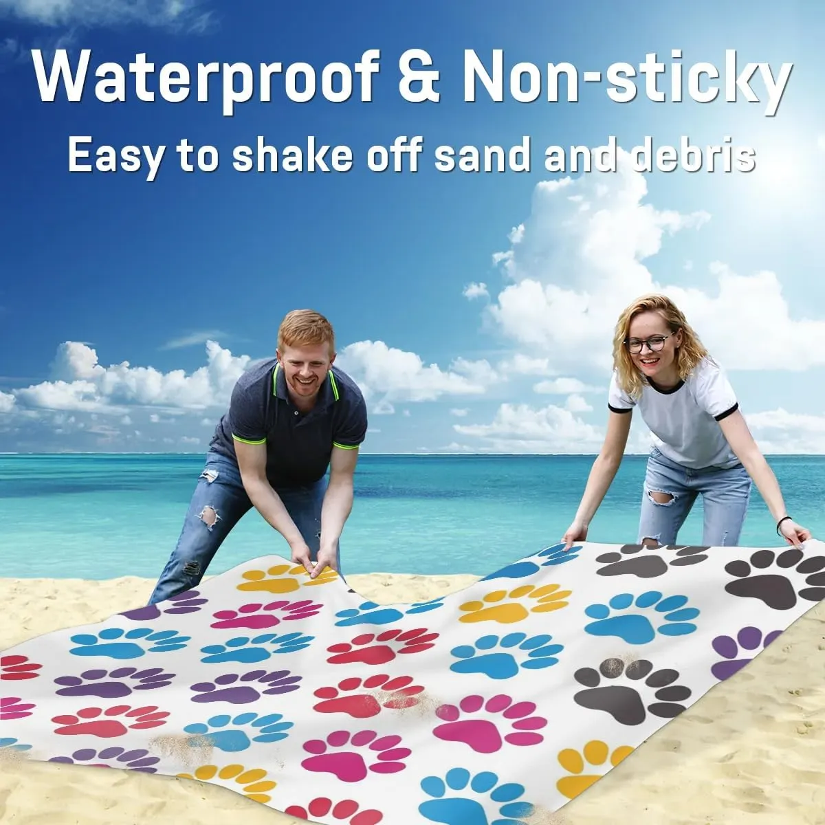 Colorful Paw Beach Blanket, Sandproof Beach Mat, Adults Waterproof Quick Drying Sand Free Mat with 4 x Ground Spikes for Outdoor Travel Camping Hiking, Animal Dog Cat Paw