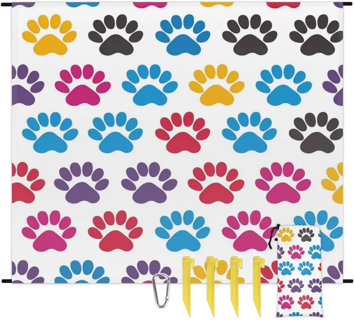 Colorful Paw Beach Blanket, Sandproof Beach Mat, Adults Waterproof Quick Drying Sand Free Mat with 4 x Ground Spikes for Outdoor Travel Camping Hiking, Animal Dog Cat Paw