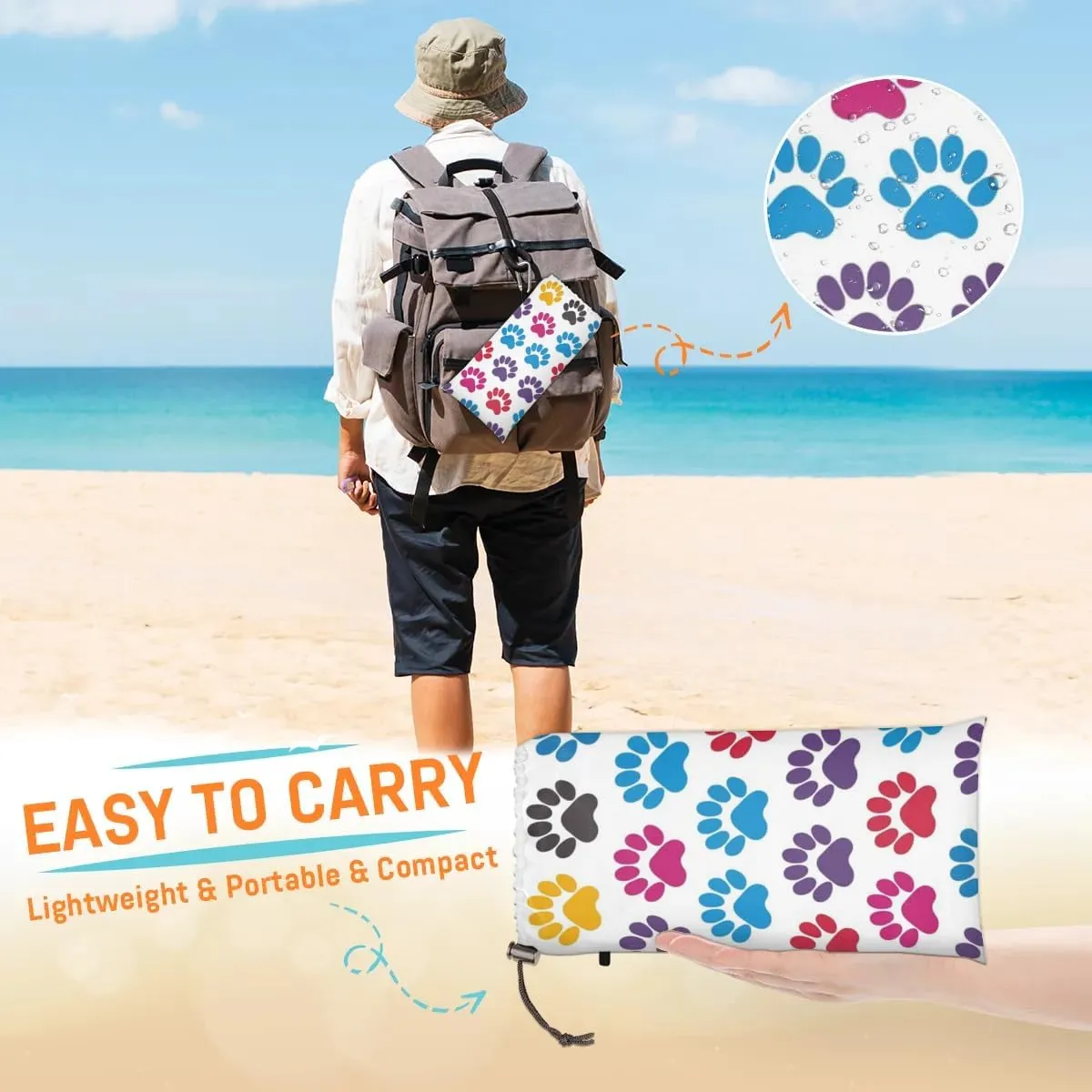 Colorful Paw Beach Blanket, Sandproof Beach Mat, Adults Waterproof Quick Drying Sand Free Mat with 4 x Ground Spikes for Outdoor Travel Camping Hiking, Animal Dog Cat Paw