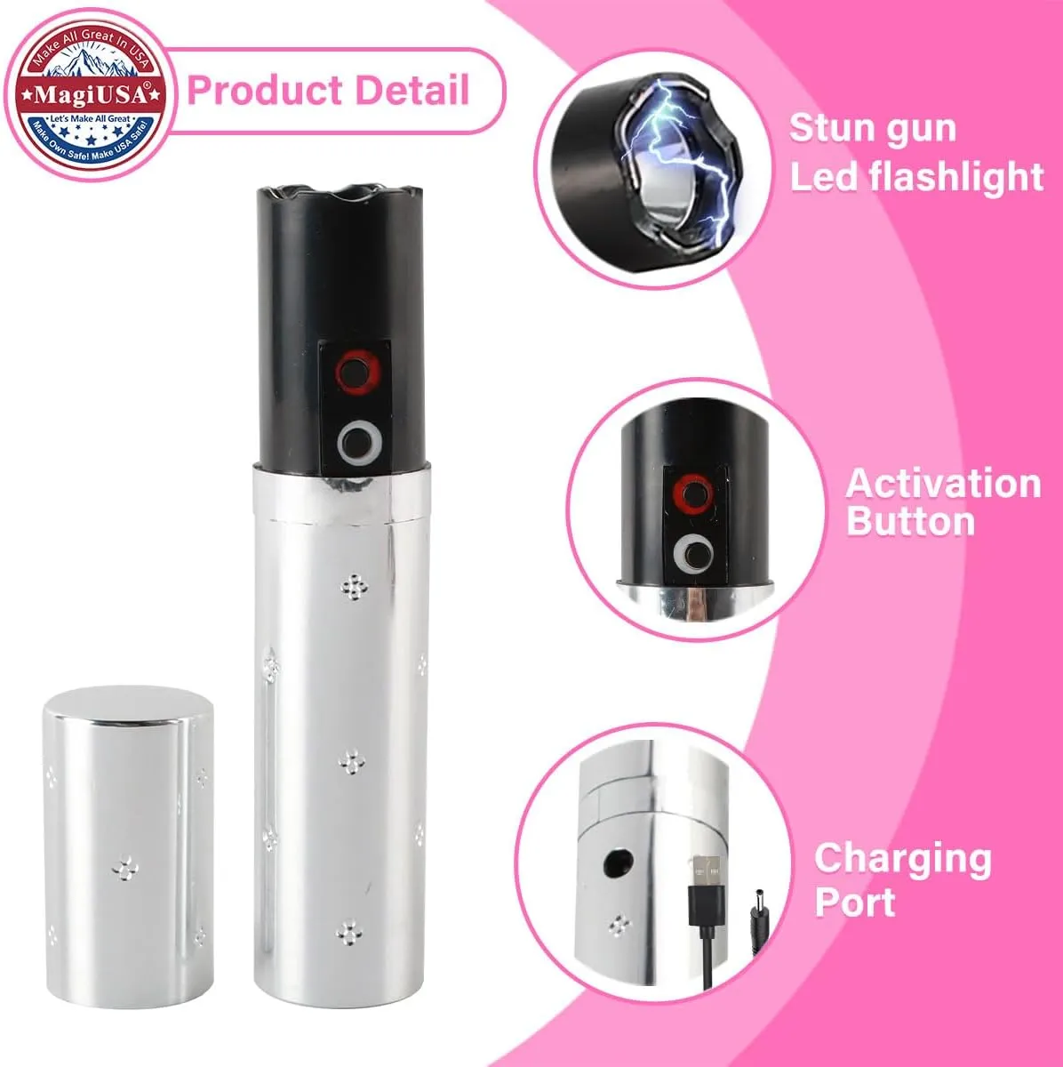 Combo MagiUSA Lipstick Stun Gun  Pepper Spray for Women Self Defense Keychain Set Compact Tazer Safety Device for Girls Disguised Security Tool USB Rechargeable Personal Alarm Tactical tazor Gift