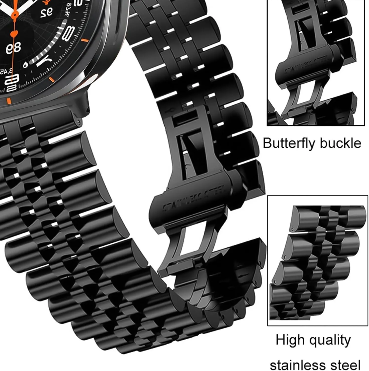 Compatible with Blackview Smart Watch bands, 20mm, 22mm Solid Stainless Steel Metal Band with Butterfly Folding Clasp Link Bracelet Compatible with IOWODO W60, R30 Pro, R50, Compatible with Blackview W60, R30 Pro, R50 Smart Watch