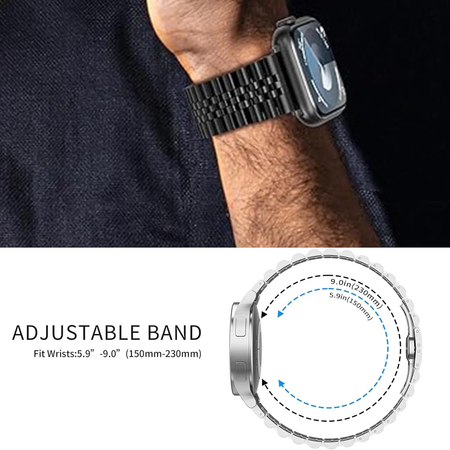Compatible with Blackview Smart Watch bands, 20mm, 22mm Solid Stainless Steel Metal Band with Butterfly Folding Clasp Link Bracelet Compatible with IOWODO W60, R30 Pro, R50, Compatible with Blackview W60, R30 Pro, R50 Smart Watch