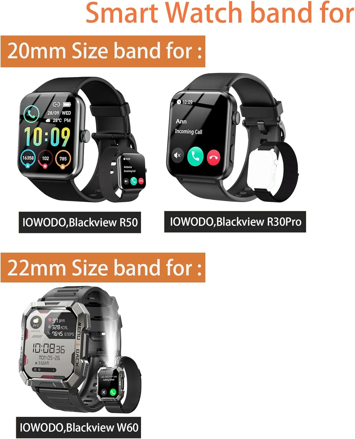 Compatible with Blackview Smart Watch bands, 20mm, 22mm Solid Stainless Steel Metal Band with Butterfly Folding Clasp Link Bracelet Compatible with IOWODO W60, R30 Pro, R50, Compatible with Blackview W60, R30 Pro, R50 Smart Watch