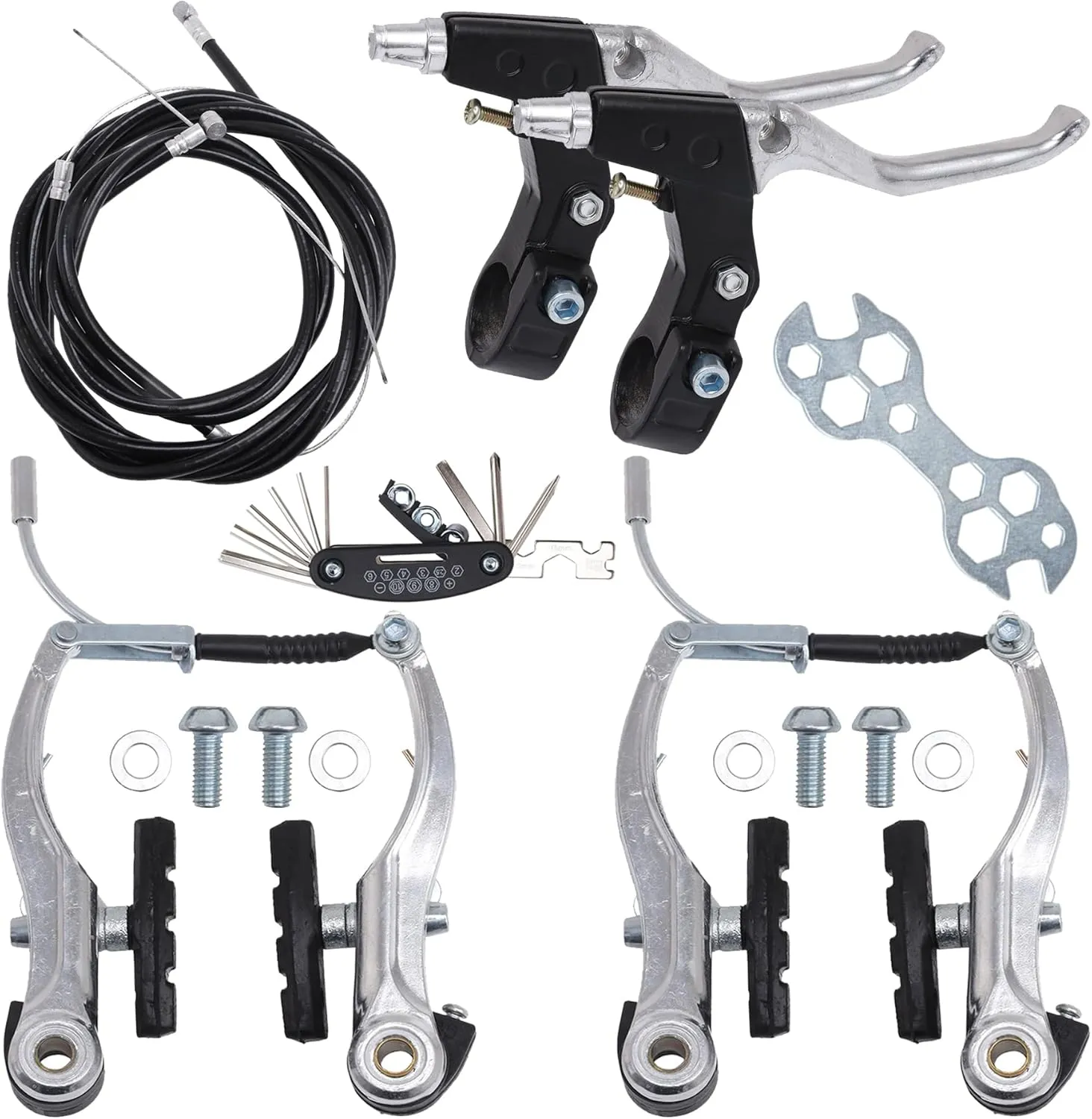 Complete V Bike Brake Set, Front and Rear Bike MTB Brake,Inner and Outer Callipers Cables Lever Kit with Calipers Levers Cables Multi-Tool Wrenches (Silver)