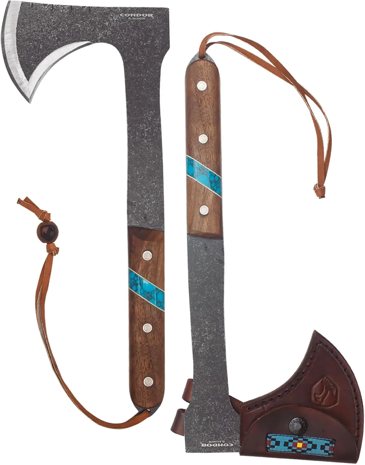 Condor Tool & Knife Blue River Tomahawk - Premium Tactical Tomahawk with 1095 High-Carbon Steel Blade - Ergonomic Walnut Handle with Turquoise Stone Inlay - Ideal for Bushcraft, Camping & Survival