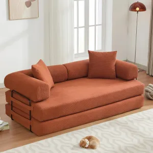 Convertible Folding Sofa Bed, Modular Floor Sofa with Removable Backrest, 3-Seater Fold Out Couch Bed with Pillows, King Size Futon Lazy Couch Corduroy Sleeper for Living Room, Dorm, Orange
