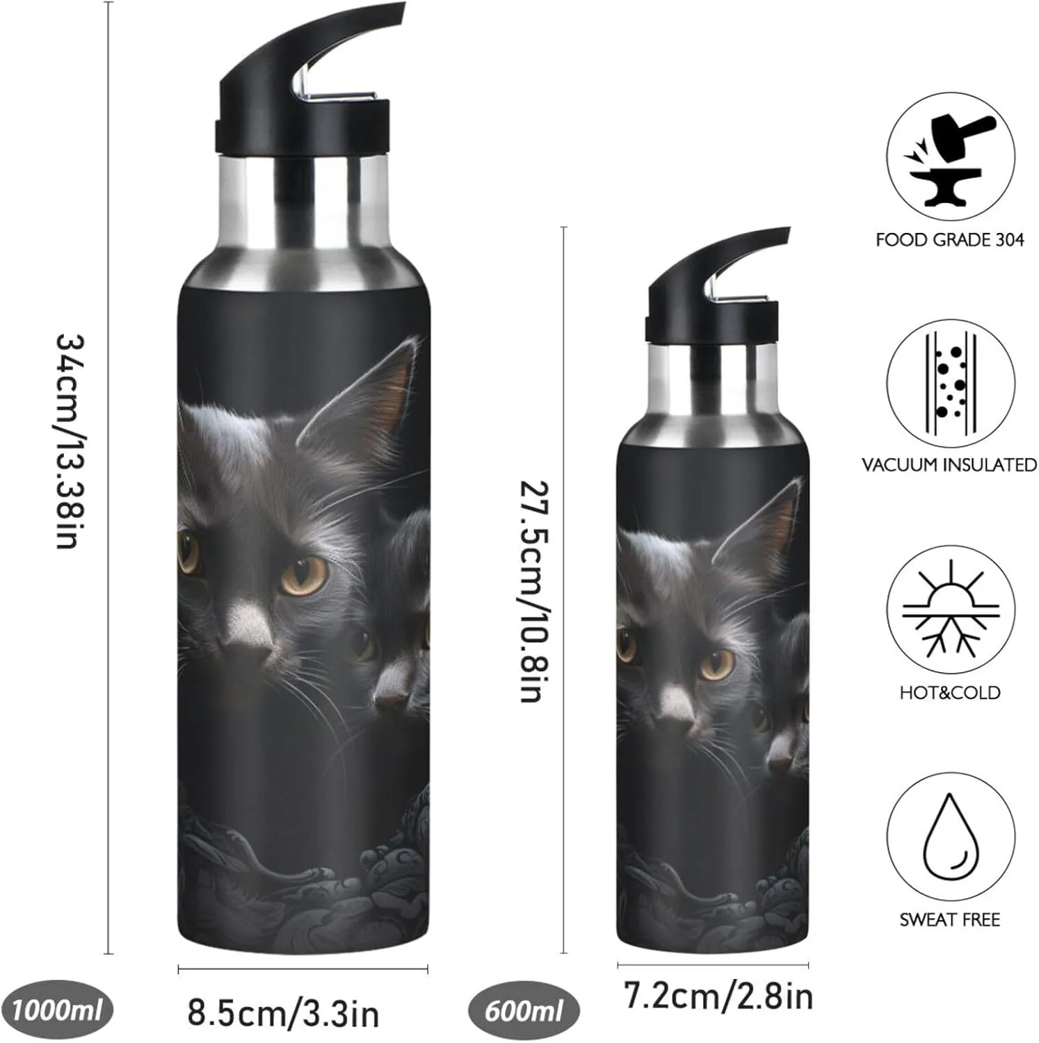 Cool Black Cats Sport Water Bottle Insulated Stainless Steel Large Vacuum Flask Leak Proof Thermos with Straw for Travel(600ml/1000ml)