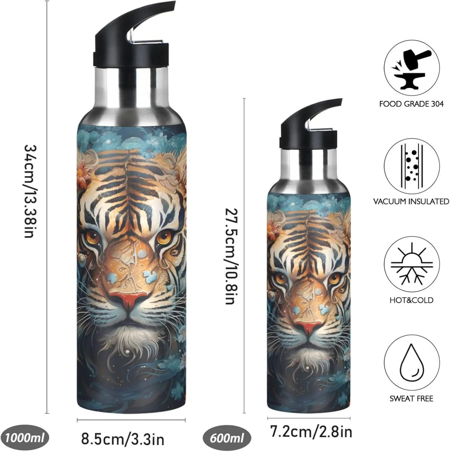 Cool Tiger Face Sport Water Bottle Insulated Stainless Steel Large Vacuum Flask Leak Proof Thermos with Straw for Travel(600ml/1000ml)