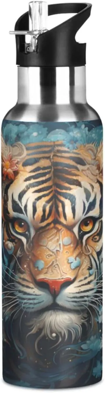 Cool Tiger Face Sport Water Bottle Insulated Stainless Steel Large Vacuum Flask Leak Proof Thermos with Straw for Travel(600ml/1000ml)