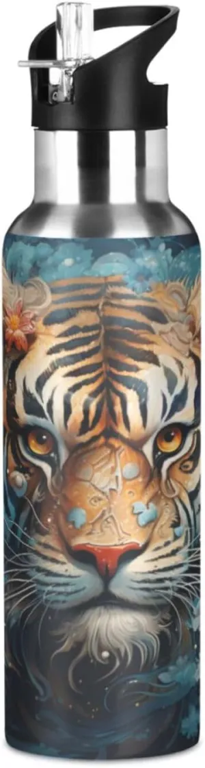 Cool Tiger Face Sport Water Bottle Insulated Stainless Steel Large Vacuum Flask Leak Proof Thermos with Straw for Travel(600ml/1000ml)