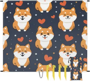 Corgi Dog Beach Blanket, Sandproof Beach Mat, 68 x 59 Waterproof Quick Drying Sand Free Mat with 4 x Ground Spikes for Outdoor Travel Camping Hiking, Dog Pattern