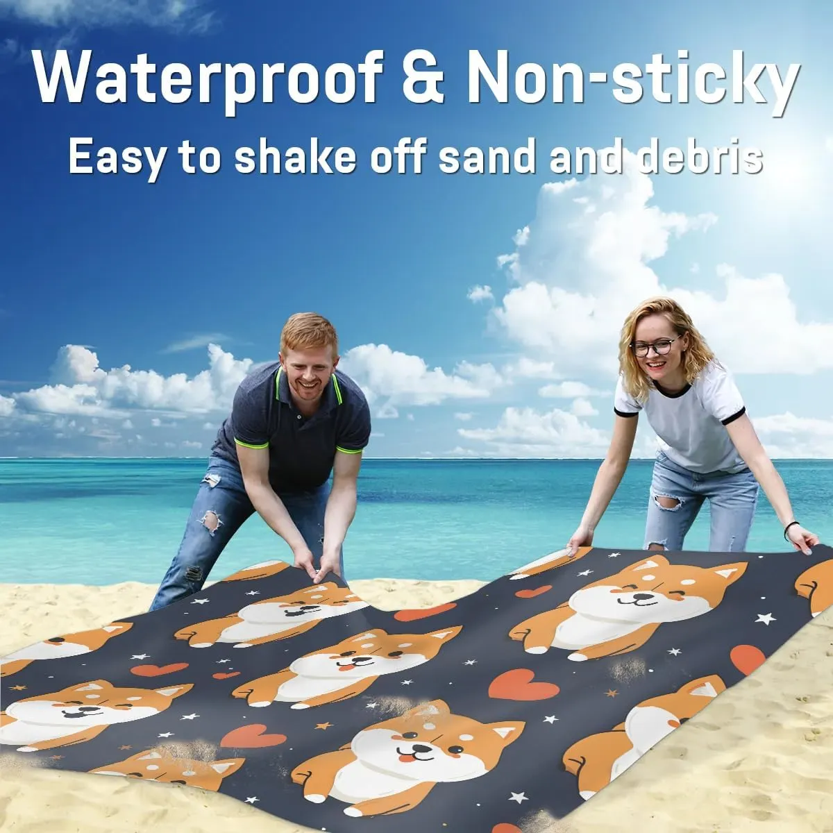 Corgi Dog Beach Blanket, Sandproof Beach Mat, 68 x 59 Waterproof Quick Drying Sand Free Mat with 4 x Ground Spikes for Outdoor Travel Camping Hiking, Dog Pattern