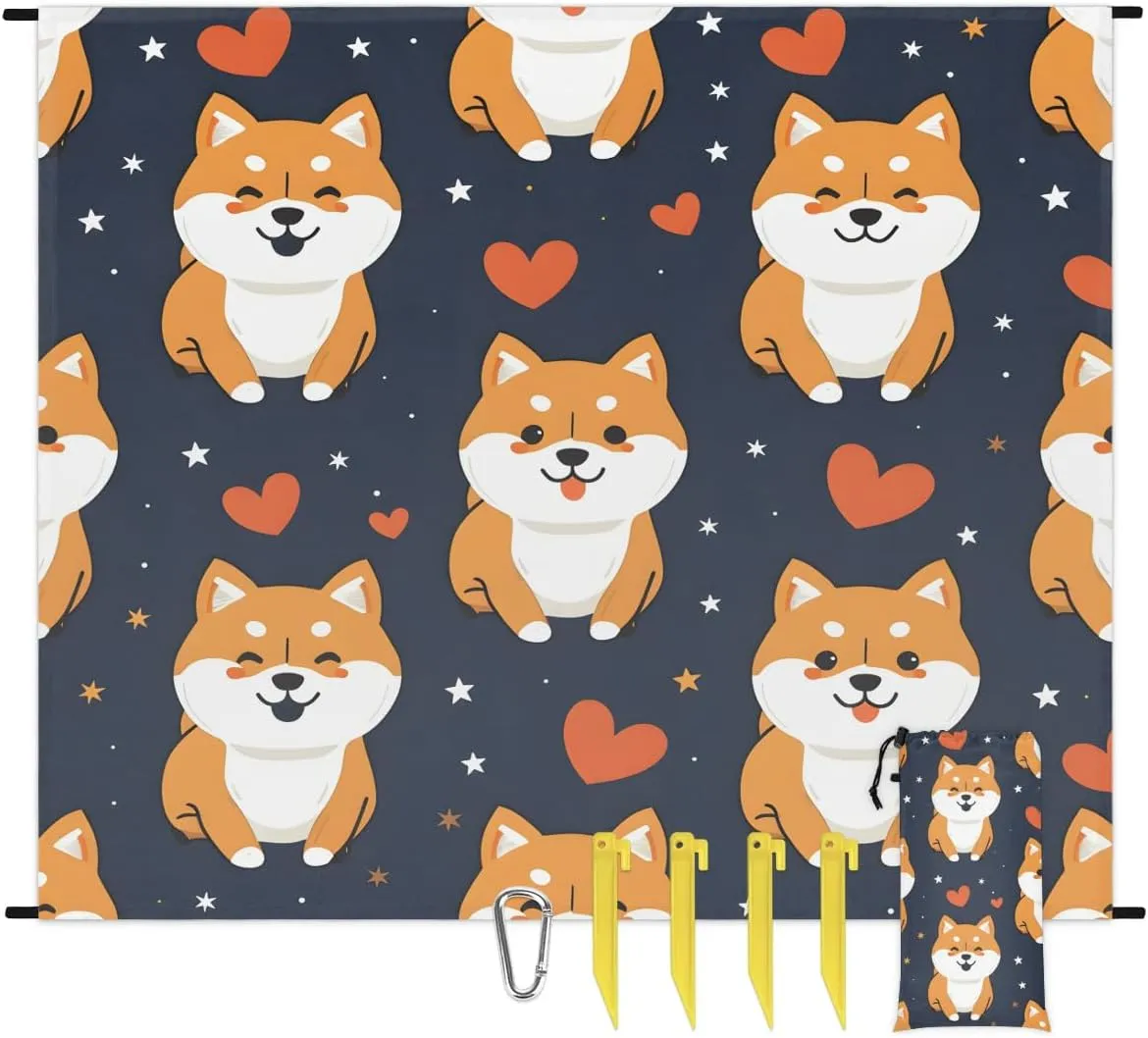 Corgi Dog Beach Blanket, Sandproof Beach Mat, 68 x 59 Waterproof Quick Drying Sand Free Mat with 4 x Ground Spikes for Outdoor Travel Camping Hiking, Dog Pattern