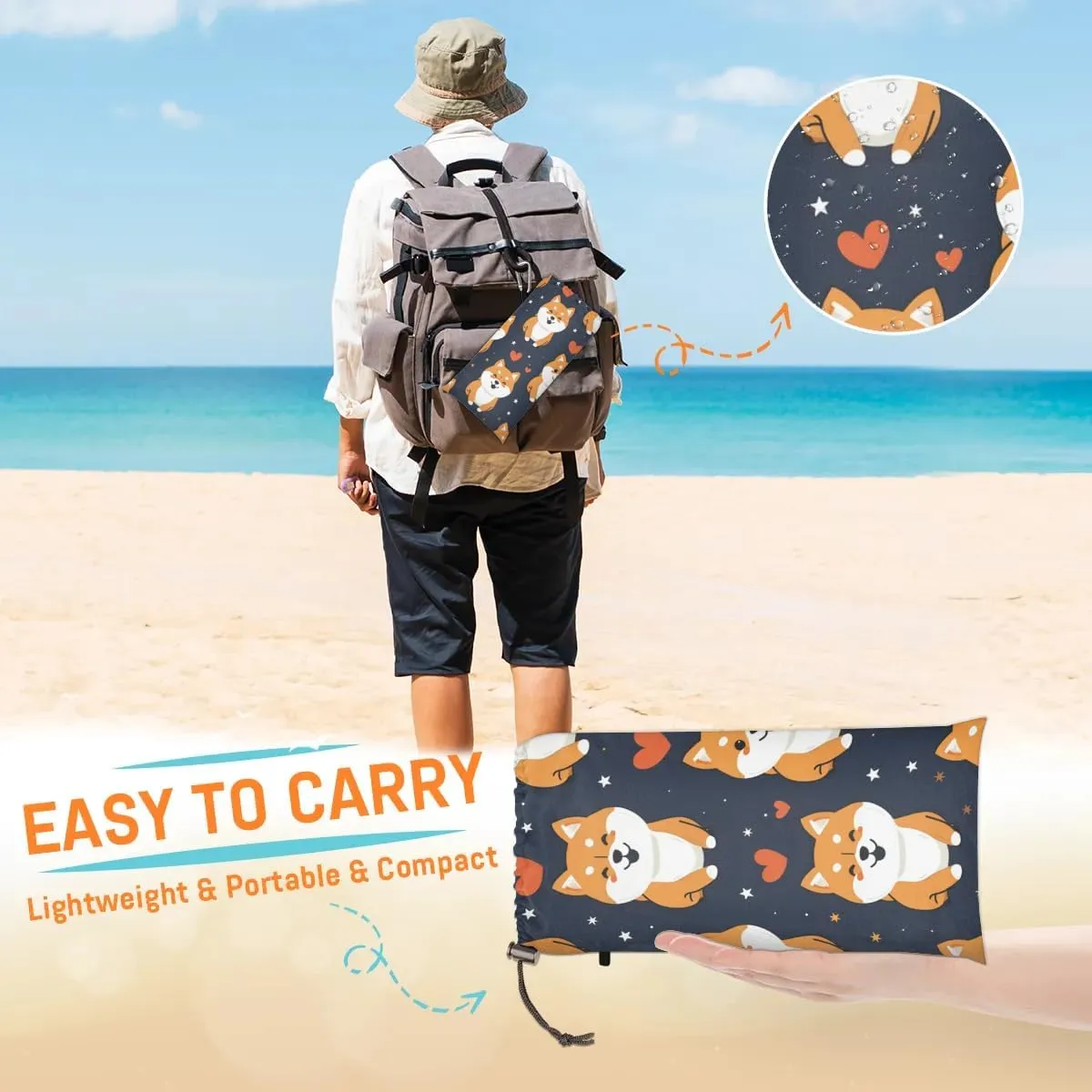 Corgi Dog Beach Blanket, Sandproof Beach Mat, 68 x 59 Waterproof Quick Drying Sand Free Mat with 4 x Ground Spikes for Outdoor Travel Camping Hiking, Dog Pattern
