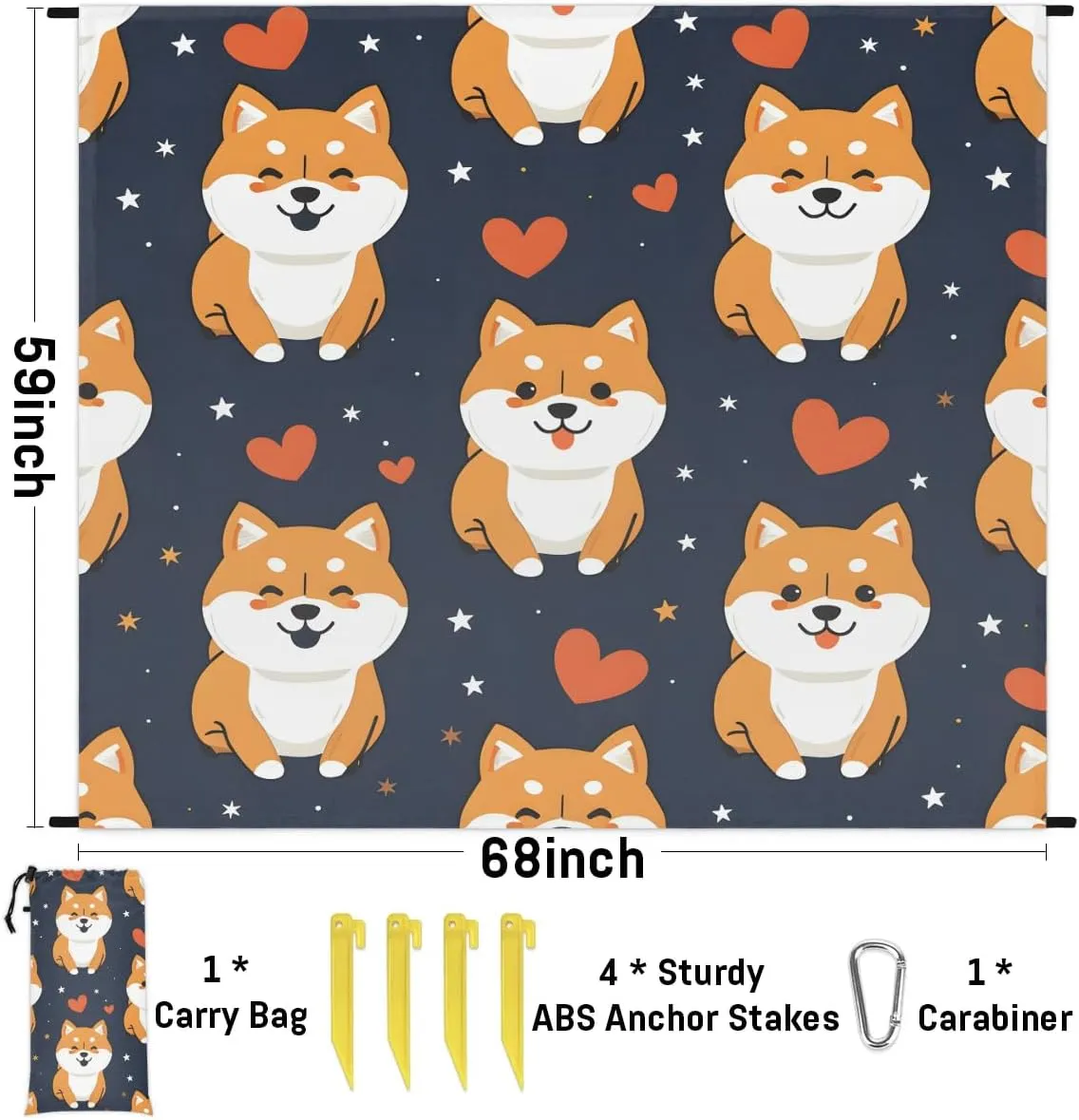Corgi Dog Beach Blanket, Sandproof Beach Mat, 68 x 59 Waterproof Quick Drying Sand Free Mat with 4 x Ground Spikes for Outdoor Travel Camping Hiking, Dog Pattern