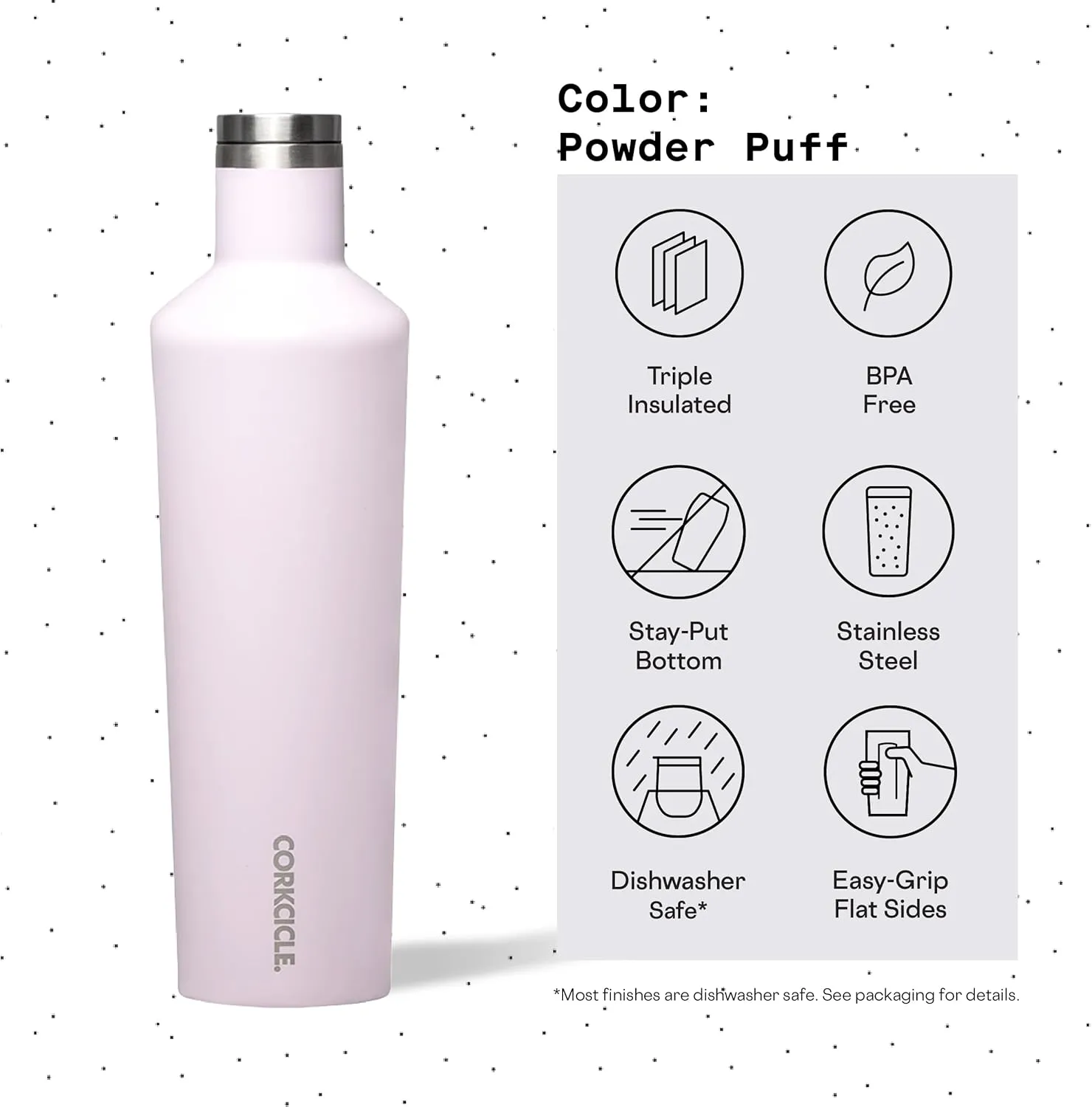 Corkcicle Insulated Canteen, Powder Puff, 25 oz – Cupholder Friendly Water Bottle with Screw-On Cap Keeps Drinks Cold for 25hrs, Hot 12hrs
