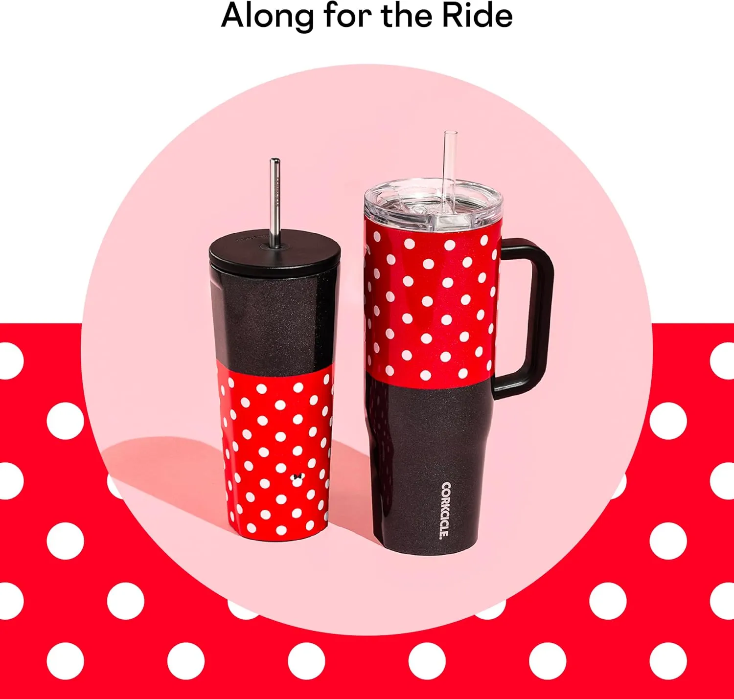 Corkcicle x Disney Minnie Mouse Cruiser Insulated Tumbler with Handle and Straw, Polka Dot Red, 40 oz – Reusable Water Bottle Keeps Beverages Cold 20hrs, Hot 9hrs – Cupholder Friendly, Spill Proof