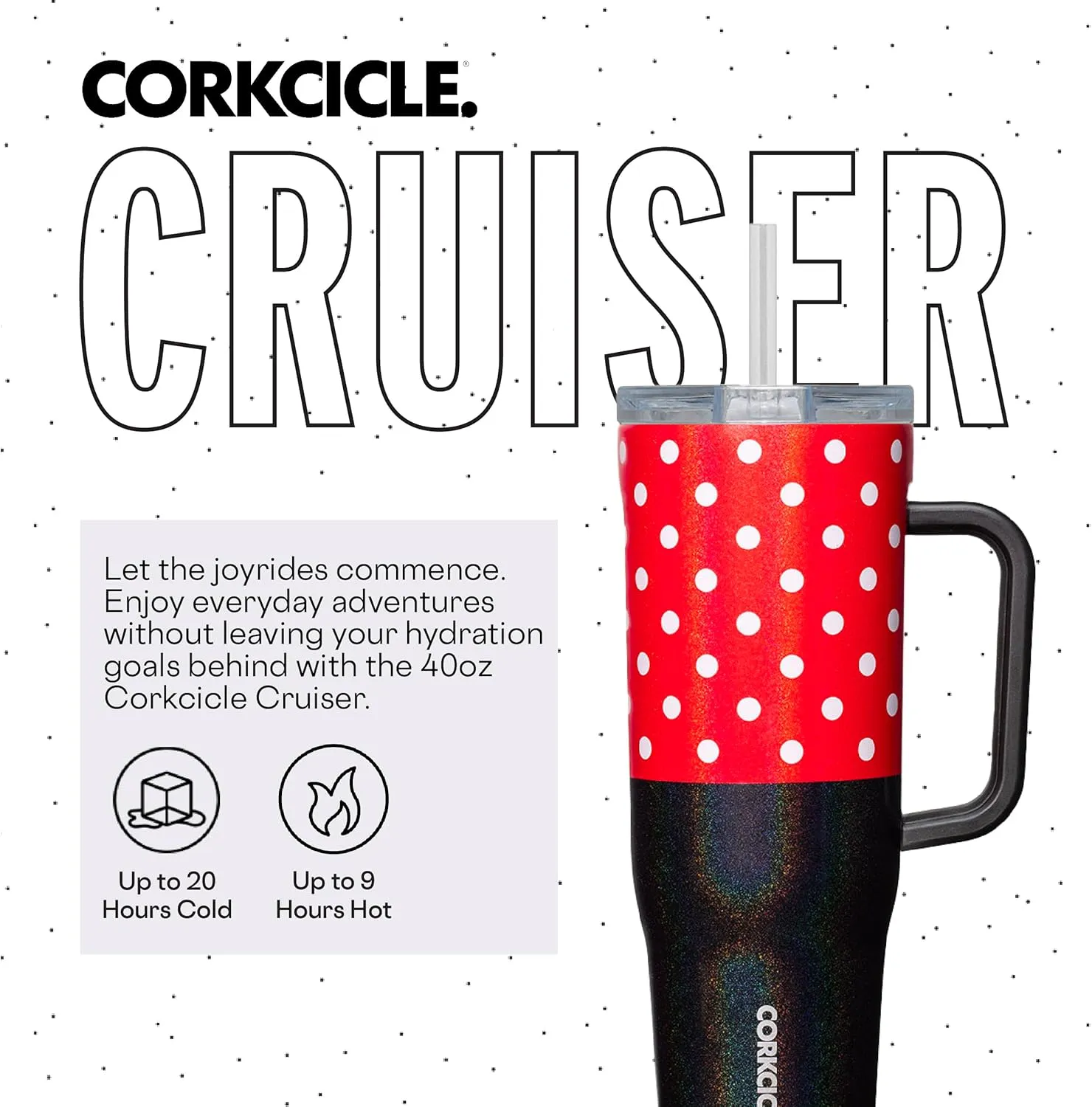 Corkcicle x Disney Minnie Mouse Cruiser Insulated Tumbler with Handle and Straw, Polka Dot Red, 40 oz – Reusable Water Bottle Keeps Beverages Cold 20hrs, Hot 9hrs – Cupholder Friendly, Spill Proof