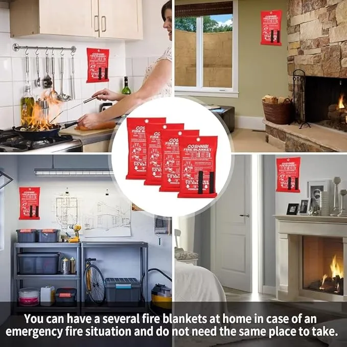 COSHNIBI Fire Blanket Emergency for Kitchen, Fiberglass Retardant Safety Blankets for Home, Fireplace,Grill,School,Car, Office, Warehouse,4 Pack