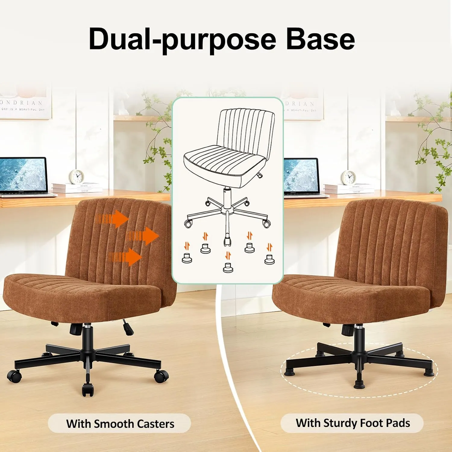 Criss Cross Chair with Wheels,Thick Padded Fabric Cross Legged Office Desk Chair with Pocket Spring Cushion,Dual-Purpose Base,Wide Adjustable Computer Home Office Vanity Chair,Brown