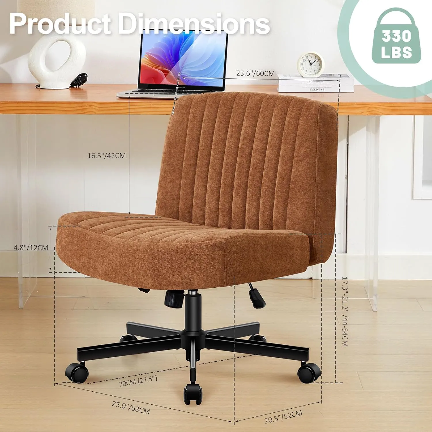 Criss Cross Chair with Wheels,Thick Padded Fabric Cross Legged Office Desk Chair with Pocket Spring Cushion,Dual-Purpose Base,Wide Adjustable Computer Home Office Vanity Chair,Brown