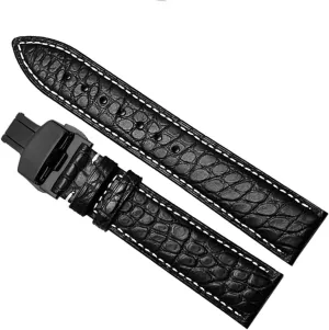 Crocodile Leather watch band for Any Brand Wristband Straps with Folding Clasp(Black White Black,22mm)