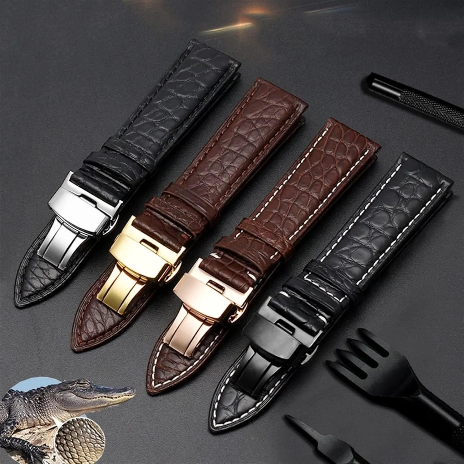Crocodile Leather watchband for Any Brand Wristband watch Strap with Folding Clasp