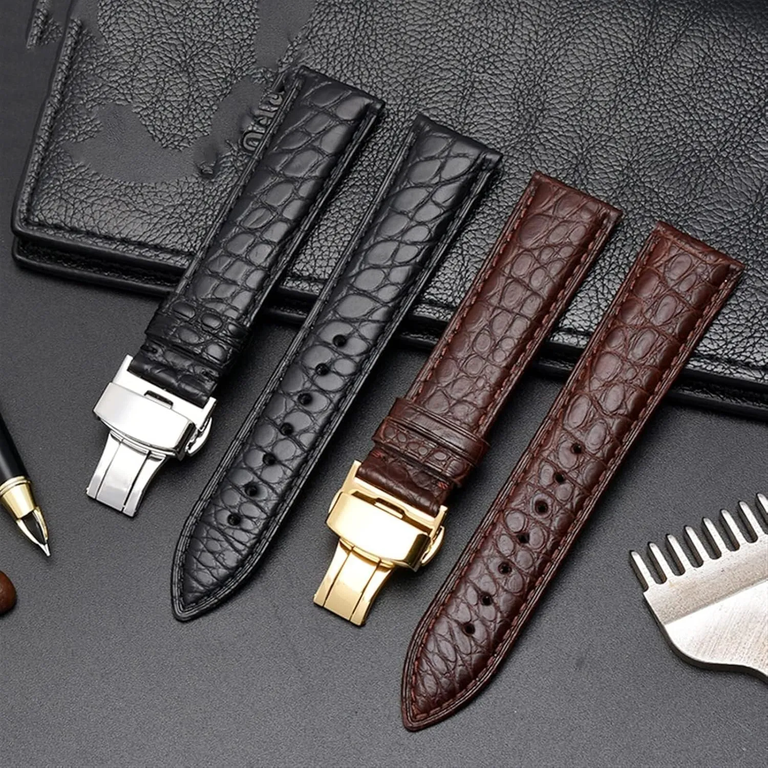 Crocodile Leather watchband for Any Brand Wristband watch Strap with Folding Clasp