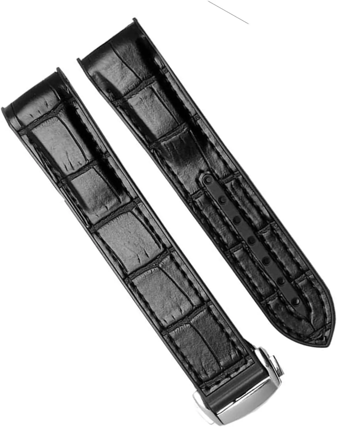 Curved End Genuine Leather Watch Strap For Omega Seamaster 007 Wrist Bracelet With Folding Buckle