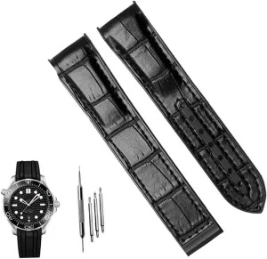 Curved End Genuine Leather Watch Strap For Omega Seamaster 007 Wrist Bracelet With Folding Buckle