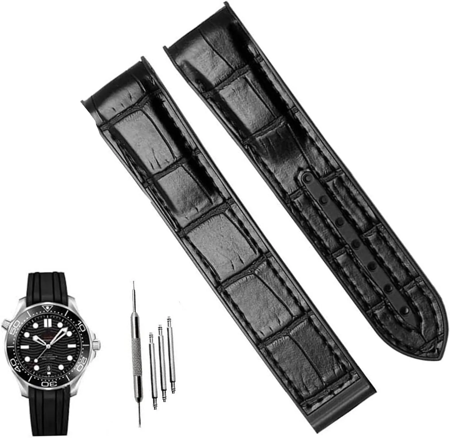 Curved End Genuine Leather Watch Strap For Omega Seamaster 007 Wrist Bracelet With Folding Buckle