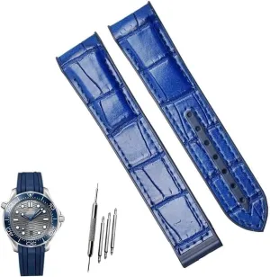 Curved End Genuine Leather Watch Strap For Omega Seamaster 007 Wrist Bracelet With Folding Buckle