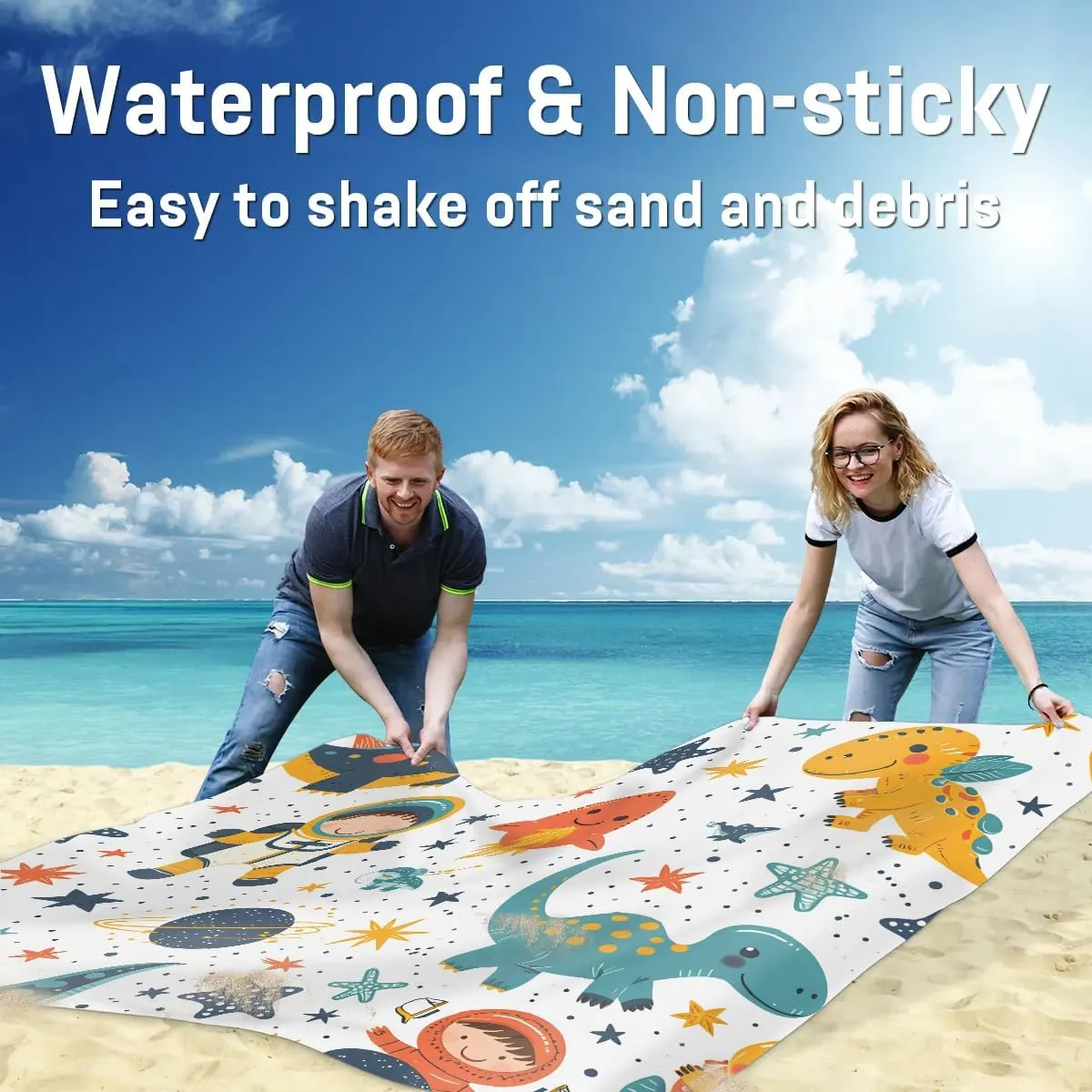 Cute Dinosaur Beach Blanket, Sandproof Beach Mat, 68 x 59 Waterproof Quick Drying Sand Free Mat with 4 x Ground Spikes for Outdoor Travel Camping Hiking, Astronaut Dinosaurs