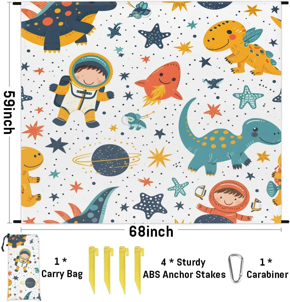 Cute Dinosaur Beach Blanket, Sandproof Beach Mat, 68 x 59 Waterproof Quick Drying Sand Free Mat with 4 x Ground Spikes for Outdoor Travel Camping Hiking, Astronaut Dinosaurs
