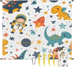 Cute Dinosaur Beach Blanket, Sandproof Beach Mat, 68 x 59 Waterproof Quick Drying Sand Free Mat with 4 x Ground Spikes for Outdoor Travel Camping Hiking, Astronaut Dinosaurs