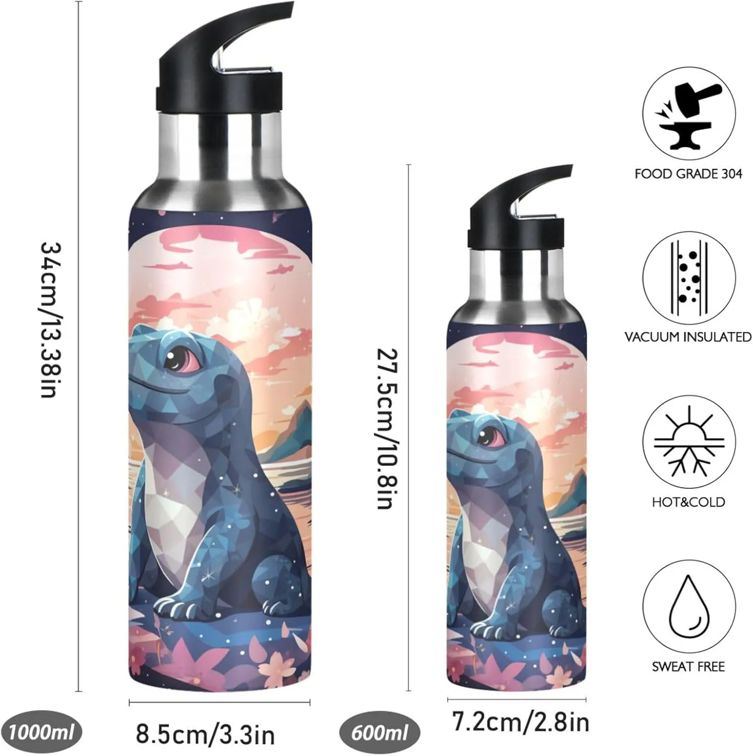 Cute Komodo Moon Sport Water Bottle Insulated Stainless Steel Large Vacuum Flask Leak Proof Thermos with Straw for Travel(600ml/1000ml)