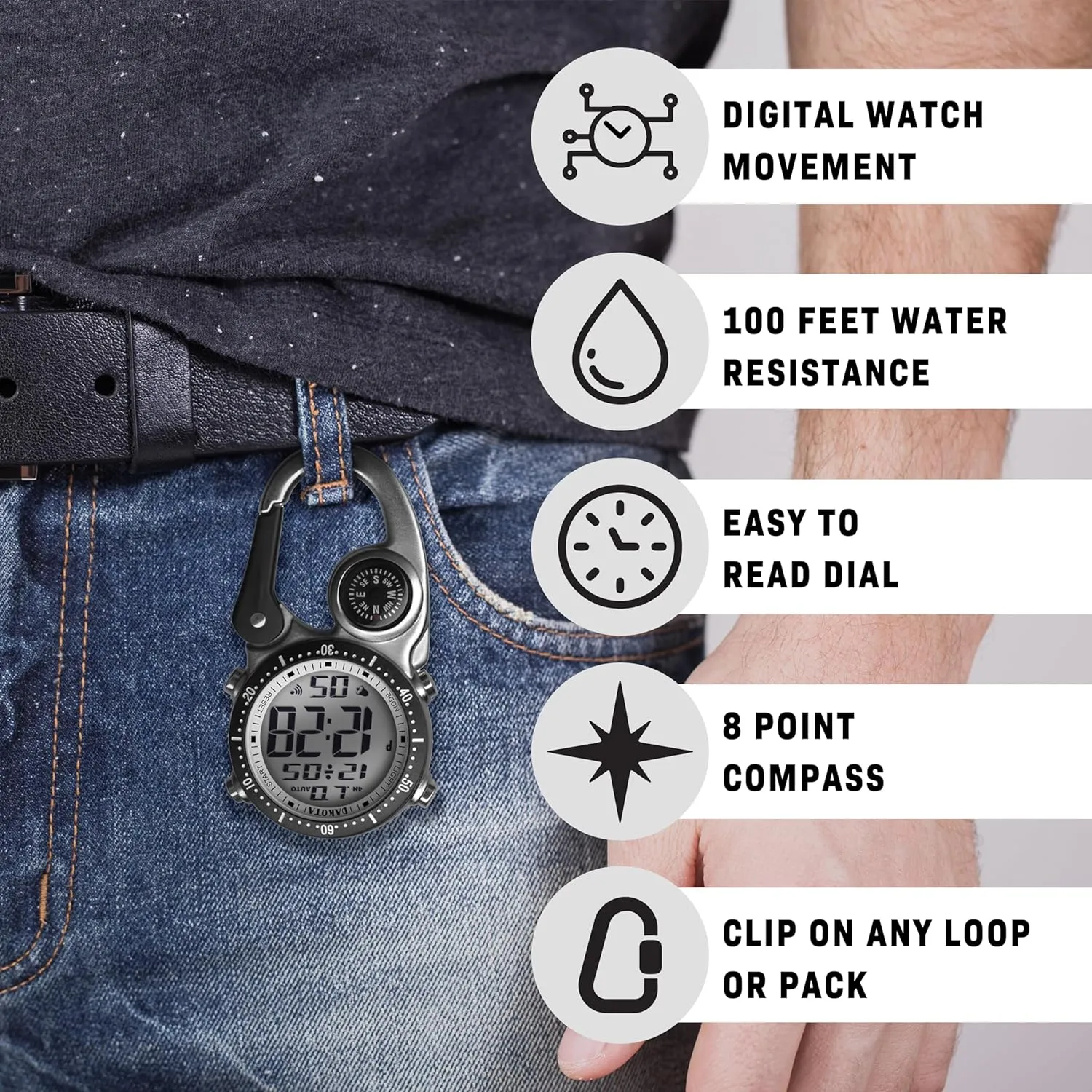Dakota Digital Backpacker Clip, Fob and Pocket Watch, Alarm, Stopwatch, Timer and Dual Time, Outdoor Gifts for Men and Women, Tactical Digital Watch