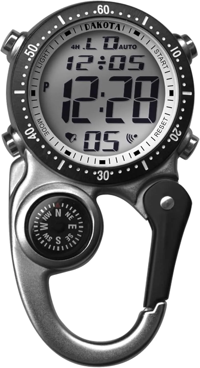 Dakota Digital Backpacker Clip, Fob and Pocket Watch, Alarm, Stopwatch, Timer and Dual Time, Outdoor Gifts for Men and Women, Tactical Digital Watch