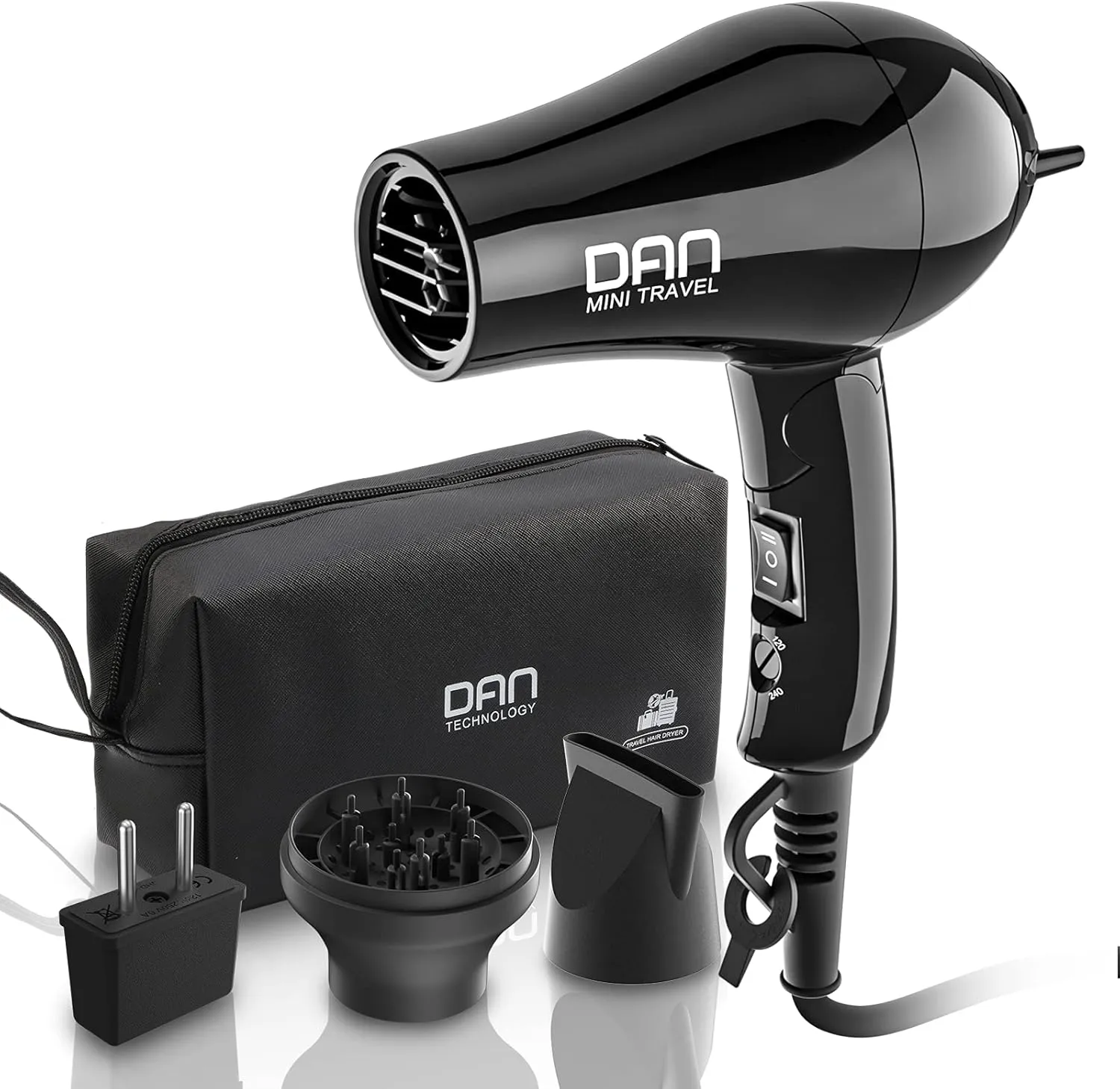 Dan Technology Compact Travel & Portable Mini Hair Dryer - Blow Dryer with Concentrator & Diffuser, European Plug