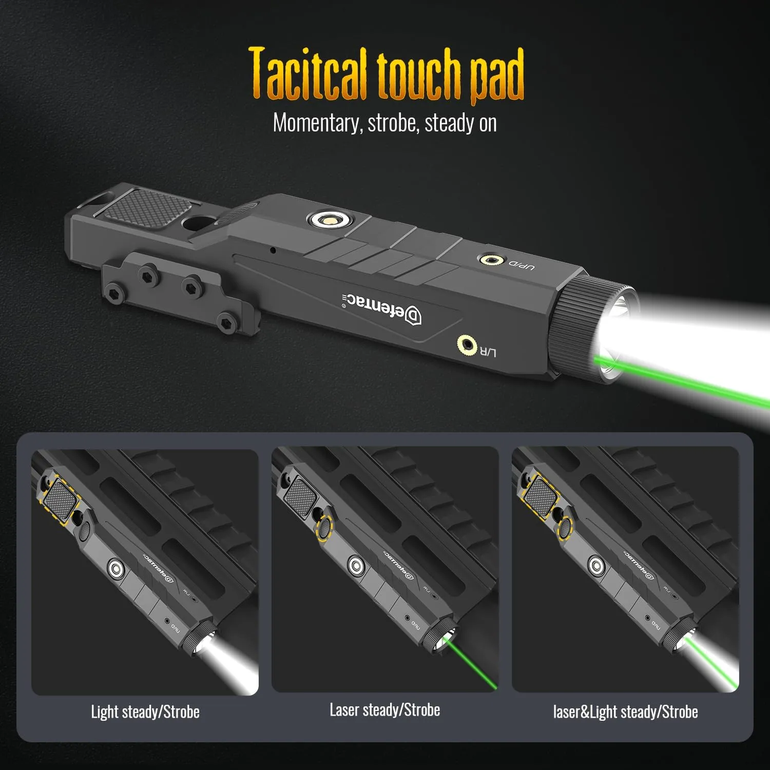 DEFENTAC 1600 Lumens Green Laser Light Combo with Momentary Strobe for Rifle, Weapon Light with Built-in Pressure Switch Compatible with M-Lok/Picatinny, Rechargeable