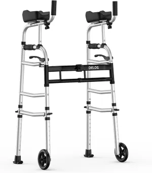 Delog Folding Walker for Senior - Standard Walker with 5’’ Wheels and Removable Padded Armrests 350lbs, Lightweight Walking Mobility Aid, Folding Platform Walker for Elderly (Black)