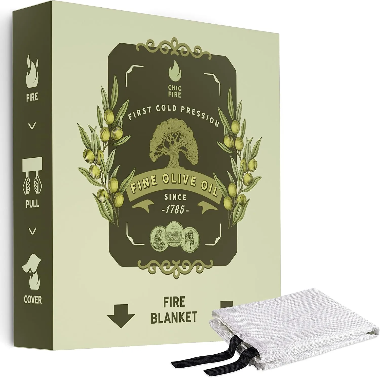 Designer Fire Blanket 47” x 47” - Stylish Fire Blanket for Home & Kitchen - Flame-Retardant Fiberglass Emergency Blanket - Designed for Kitchen, Workspace, Restaurant - Olive Oil