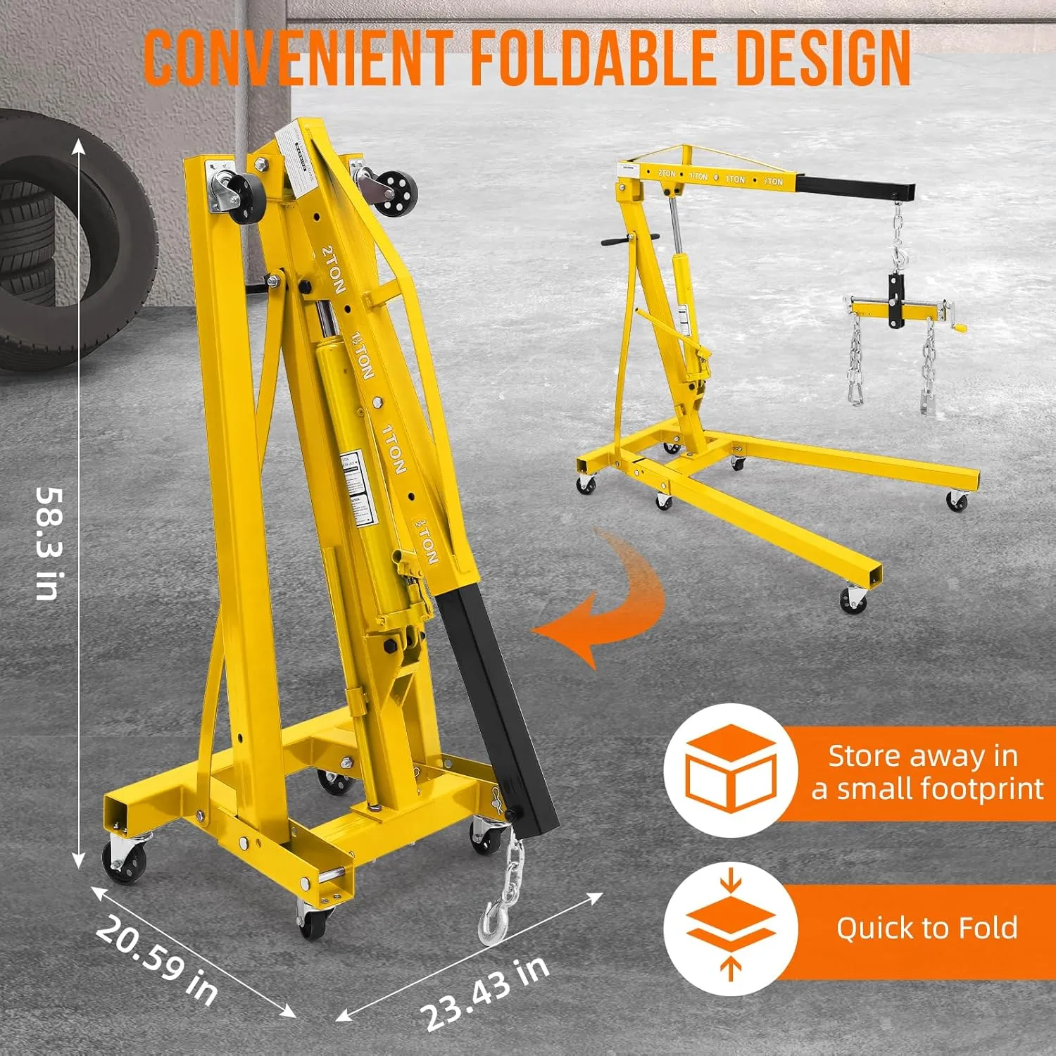 DEXSO 2 Ton Folding Hydraulic Engine Hoist with Lever, Folding Engine Shop Crane Hoist Lift, Heavy Cherry Picker with 6 Wheels for Garage, Workshop,Gold