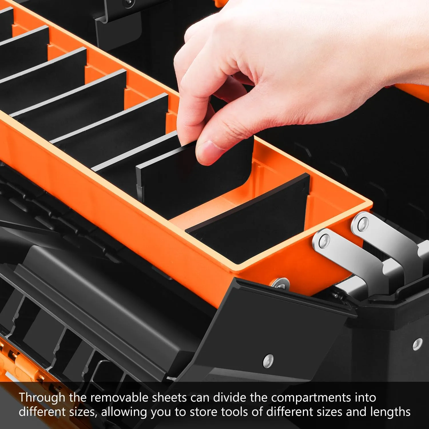 DNA MOTORING 2-Layer Lockable Tool Box Plastic Portable Storage Folding Toolbox Tray Divider Tool Organizers, W/Handle, Orange/Black, TOOLS-00503