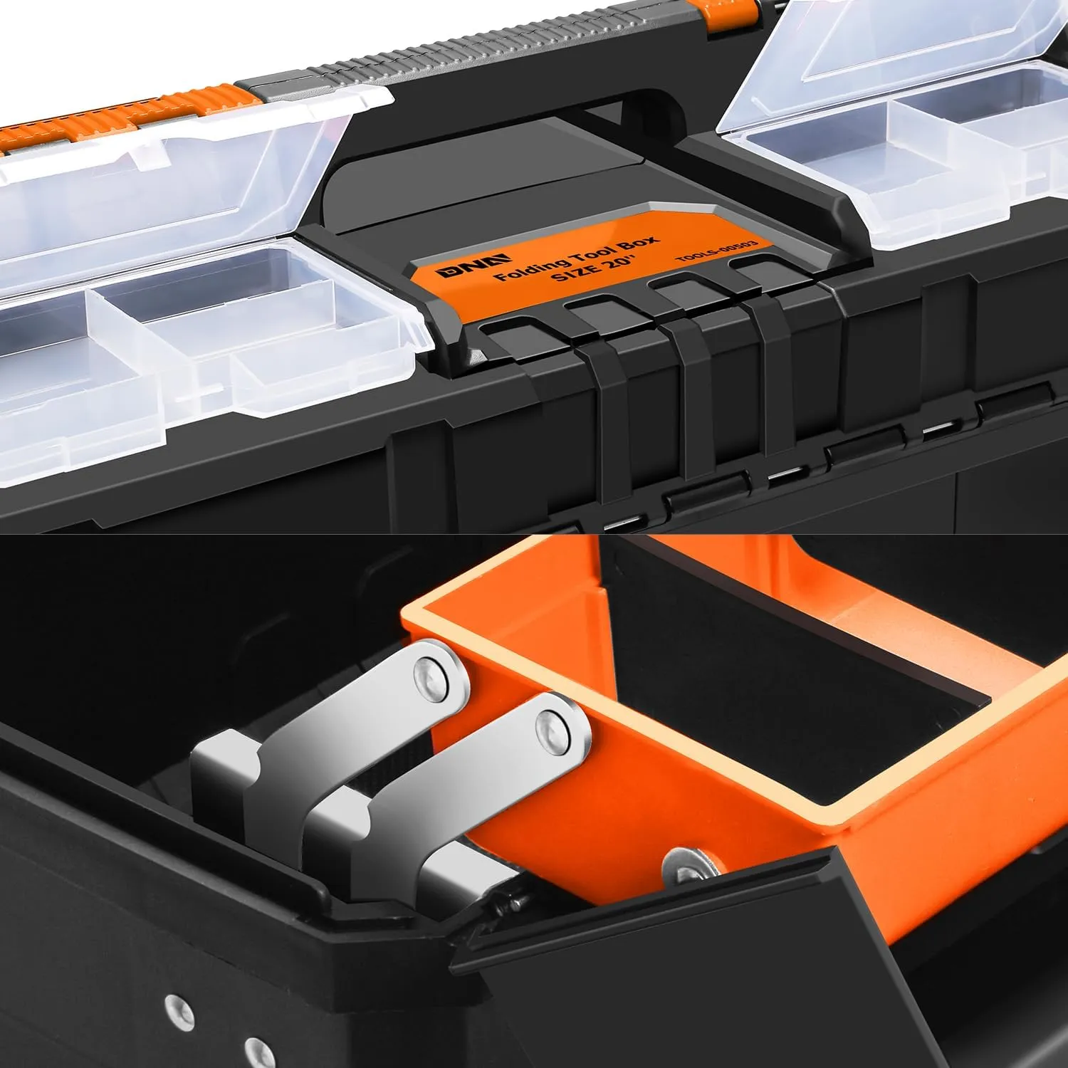 DNA MOTORING 2-Layer Lockable Tool Box Plastic Portable Storage Folding Toolbox Tray Divider Tool Organizers, W/Handle, Orange/Black, TOOLS-00503