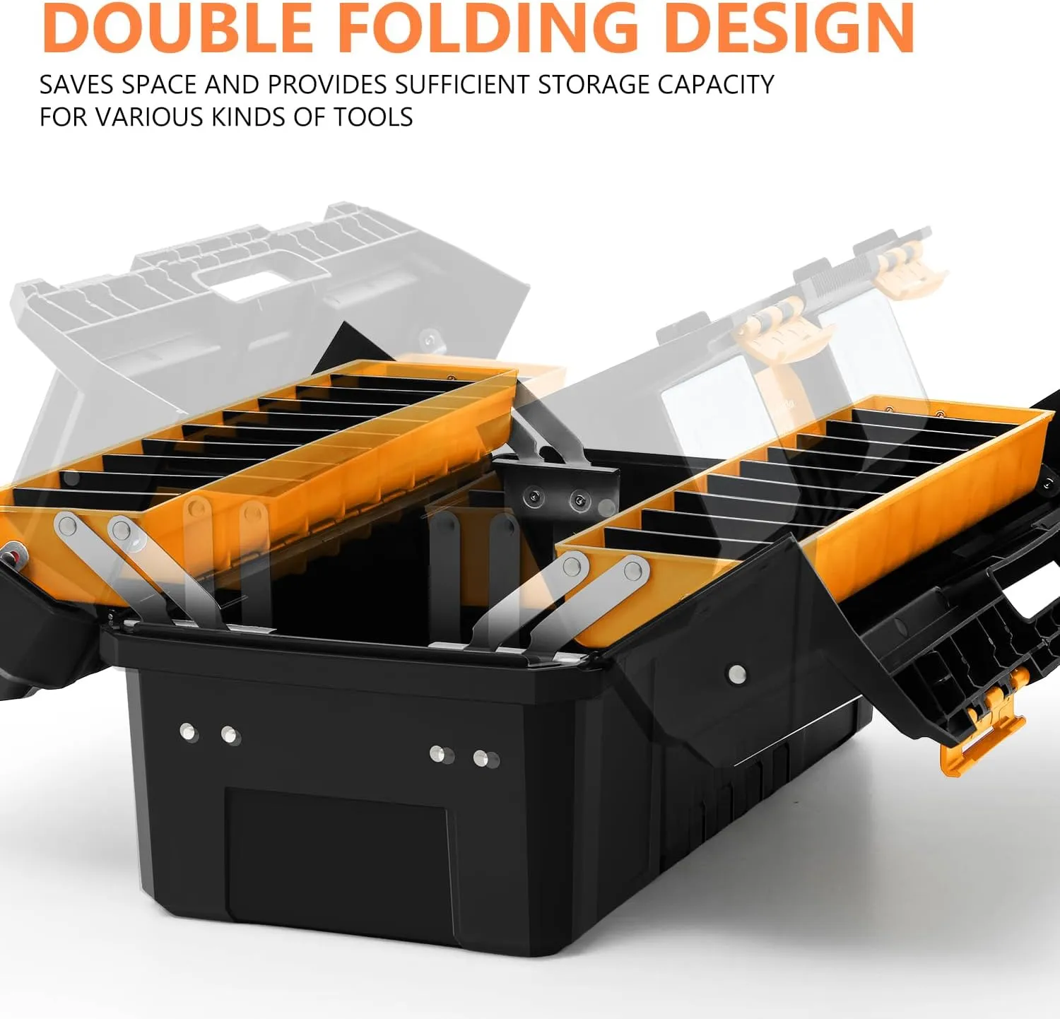 DNA MOTORING 2-Layer Lockable Tool Box Plastic Portable Storage Folding Toolbox Tray Divider Tool Organizers, W/Handle, Orange/Black, TOOLS-00503
